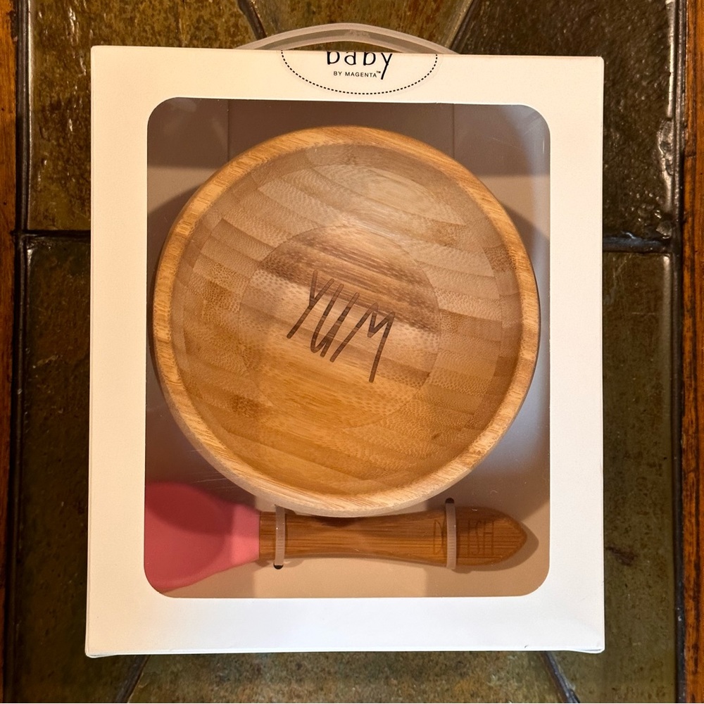Rae Dunn Baby YUM Bamboo Suction Bowl and DELISH Spoon BRAND NEW!!